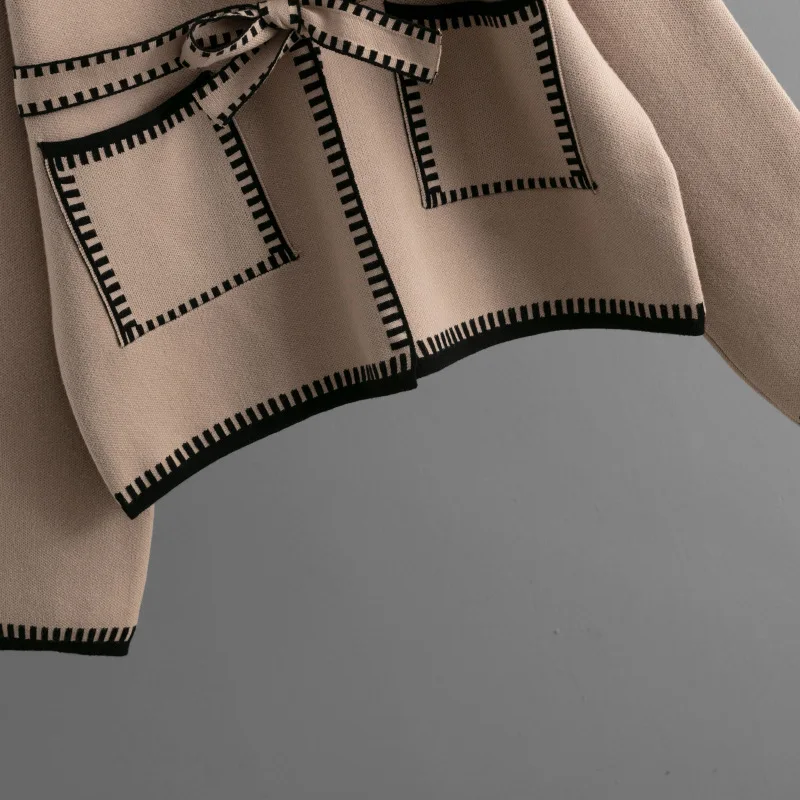 Knit Contrast Cardigan Sweater For Women Lace-Up Pocket Long Sleeve Patchwork Loose Coat Autumn Knitwear Women's Outwear