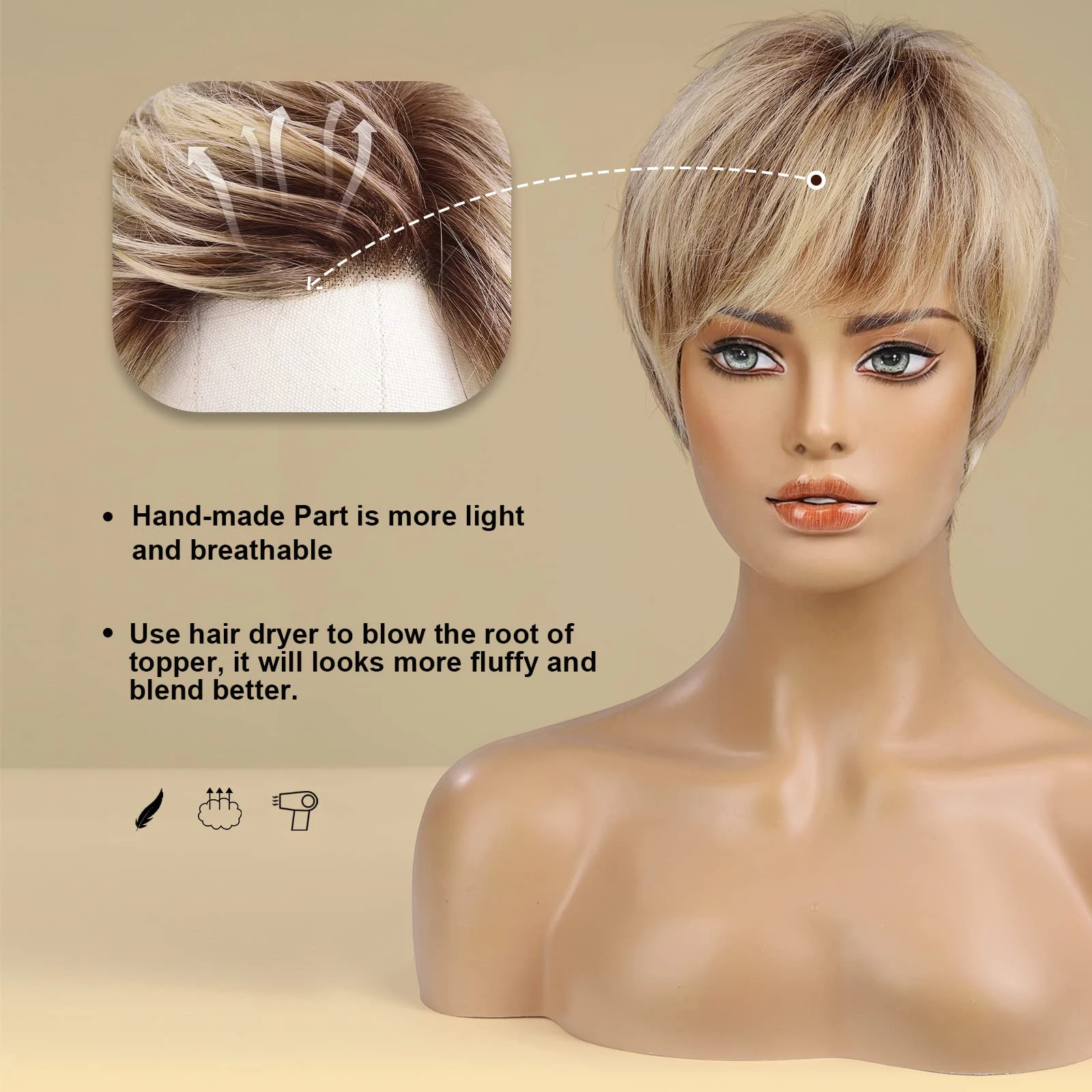 100% Remy Human Hair Mixed Blonde Ash Brown Lace Front Wigs Pixie Cut Hairs with Bang Short Straight Wig for Women Bob Human Wig