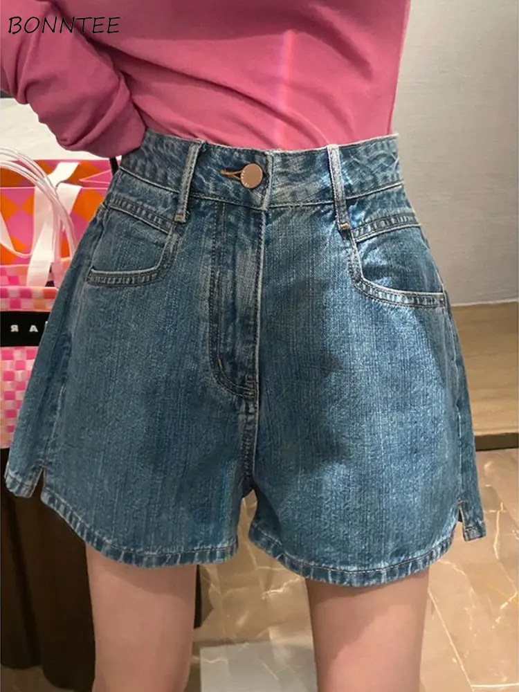 

Denim Shorts Women Vintage Slit Casual Simple Prevalent Summer Harajuku All-match Female Loose Korean Style High Waist Hotsweet