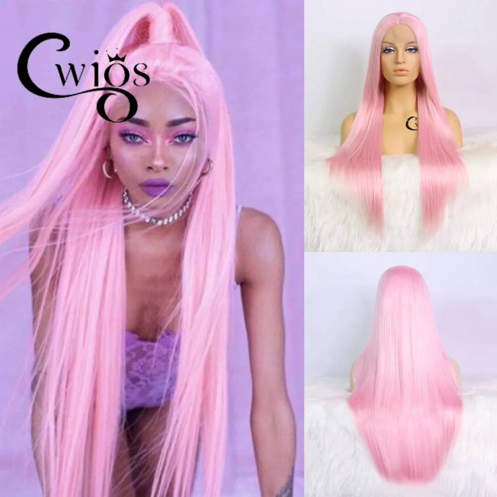 

Cwigs Soft Long Straight Wig Colour Blonde Pink White Blue Green smooth Synthetic Lace Front Wigs Natural Hairline Cosplay Wig