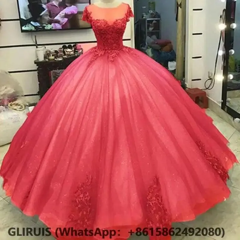 

Watermelon Ball Gown Quinceanera Dresses Cap Sleeves Tulle vestidos de 15 años Long robe de bal debutante Floor Length