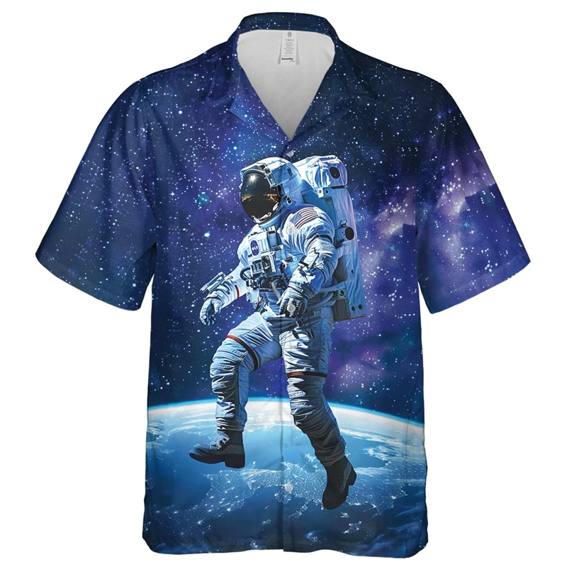 Camisas hawaianas con estampado 3D de astronauta para hombre, camisas con solapa de astronauta, camisetas holgadas con botones para la calle, mangas cortas, estilo hawaiano