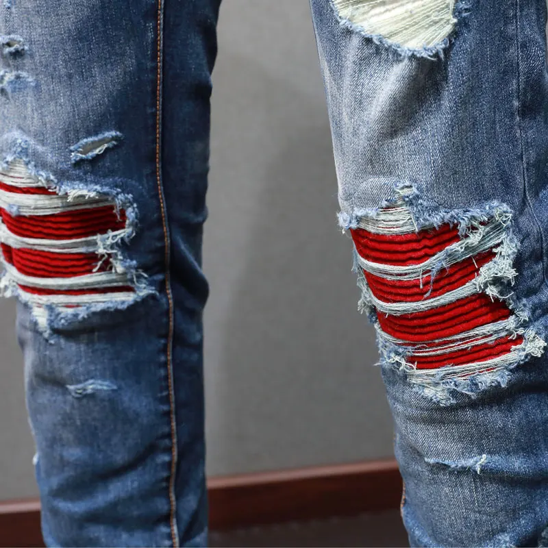 High Street Fashion Men Jeans Retro Blue Stretch Skinny Fit Ripped Jeans Men Brand Designer Patched Hip Hop Denim Pants Hombre