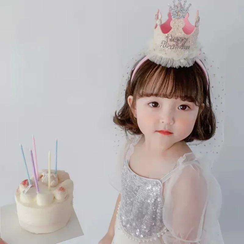 1 Pc 크라운 콘 거즈 머리띠 공주 스타일 생일 파티 모자를 쓰고 있죠 스팽글 생일 축하 헤어 액세서리 소녀 선물