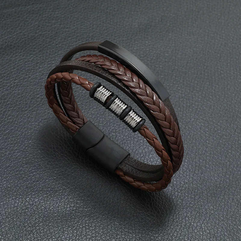 Leather Bracelet Fashion Black For Men Charm Magnetic Braided Punk Rock Cuff Bracelet
