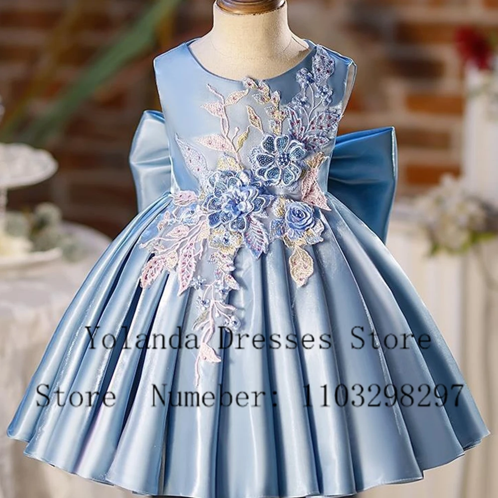 

Blue Exquisite Flower Girl Dress Princess Scoop Sleeveless First Communion Gown High Quality With Bow Knee Length Prom Dresses