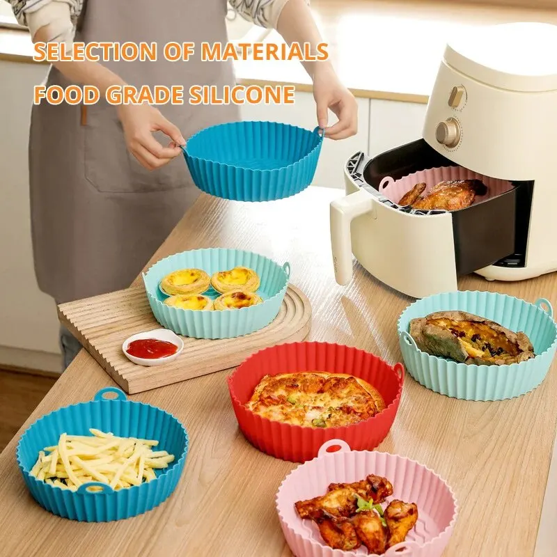 1PC Air Fryer Silicone Baking Tray Mat Circular High-Temperature Resistant Foldable Food Grade Double Ear Baking Tray silicone baking mat air fryer baking tray air fryer silicone tray