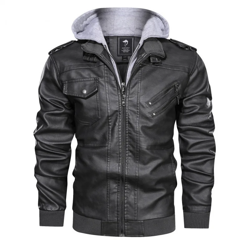 Men's Detachable Hooded PU Leather Jacket Men's Motorcycle Leather Jacket 2023 New Plaid Thickened Leather Jacket Solid Color