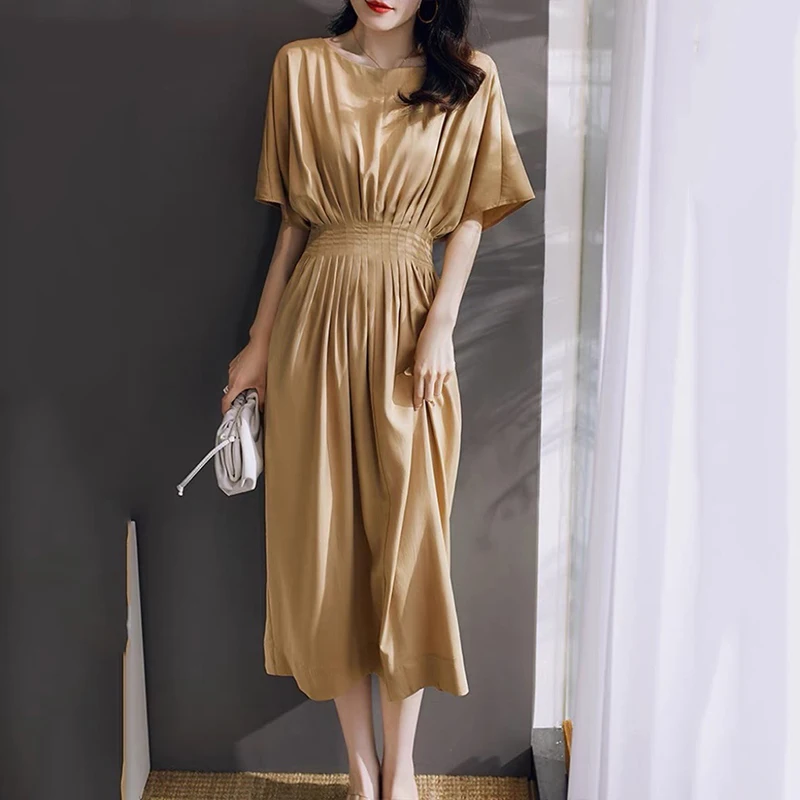 

New 2022 Summer Elegant Slim Waist Long Dress for Women Short Sleeve Khaki Dresses Office Lady Batwing Sleeve Vestidos