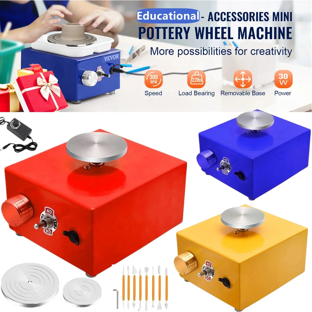 Mini Clay Electric Pottery Wheel Machine, Pottery Forming Speed Machine Adjustable with 6.5+10cm Turntable+Sculpt Ceramic Tools