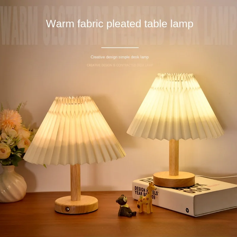 

Vintage Desk Lamp Bedroom Bedside Decorative Night Lamp USB Plug-in Remote Control Dimming Lighting Creative Pleated Table Light
