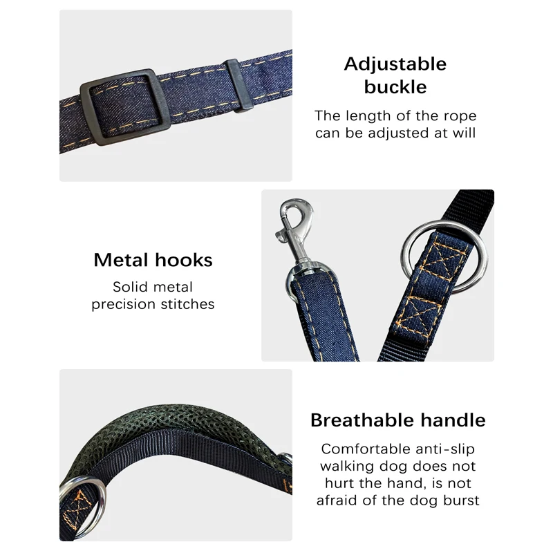 Multifunctional Jean Cloth Dog Leash Adjustable Length Free Hands Double Heads For Small Medium Large Dogs