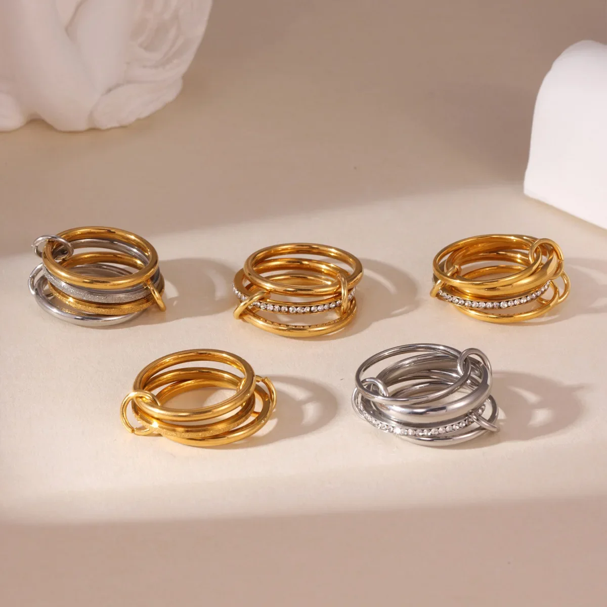 Multilayer Rings Stainless Steel Geometric Multi-Layer Ring for Women Stackable Simple ...