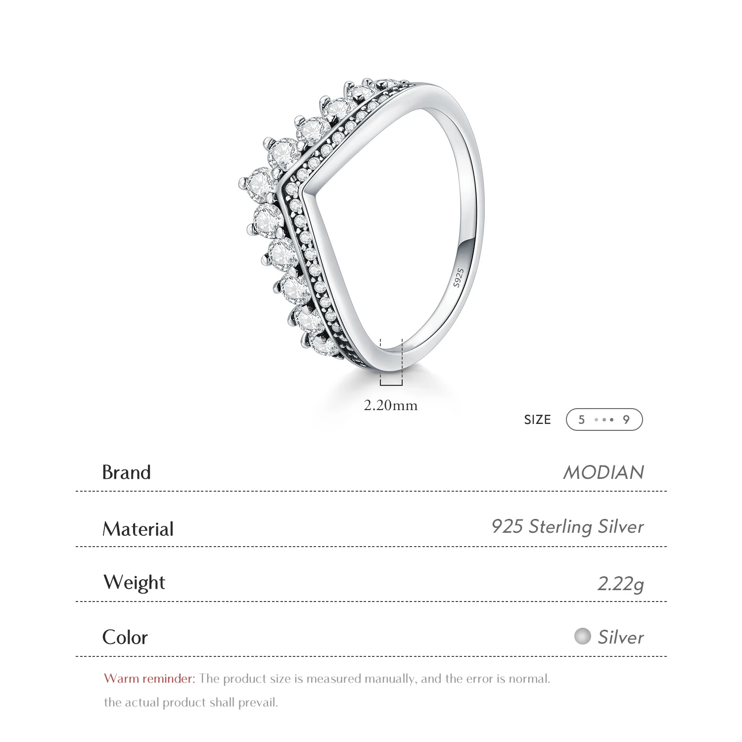 Modian 패션 100% 진짜 925 스털링 지르콘 크라운 손가락 반지 클래식 Stackable 실버 쥬얼리 여성을위한 웨딩 크리스마스 선물