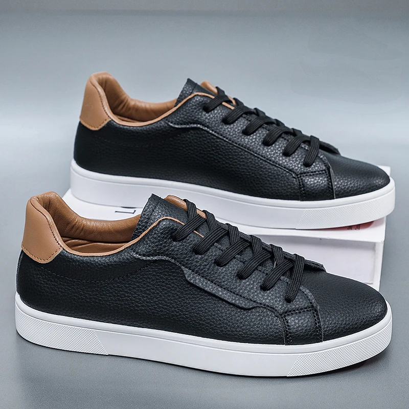 Mens Board Shoes Classic Lace Up Lightweight Breathable Casual Leather Sports Shoes Daily Comfortable Male Business Sneakers