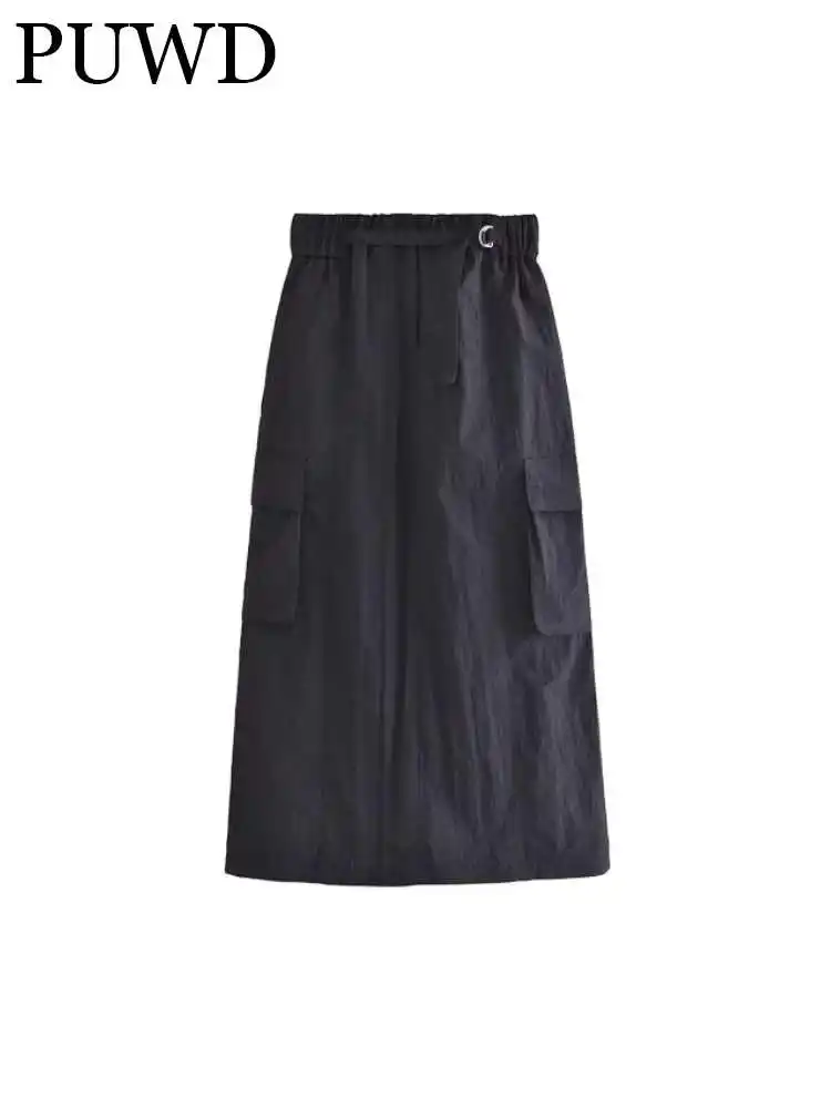 

PUWD Women Fashion Solid Color Midi Slit Cargo Skirts 2023 Summer Vintage Black High Waist Belt Female Bottoms Mujer