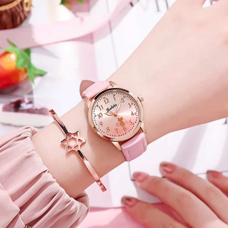 Cute Cat Pattern Casual Simple Rhinestone Quartz Wristwatch for Girls Student Leisure Style Watch Gradient Color Retro Watch