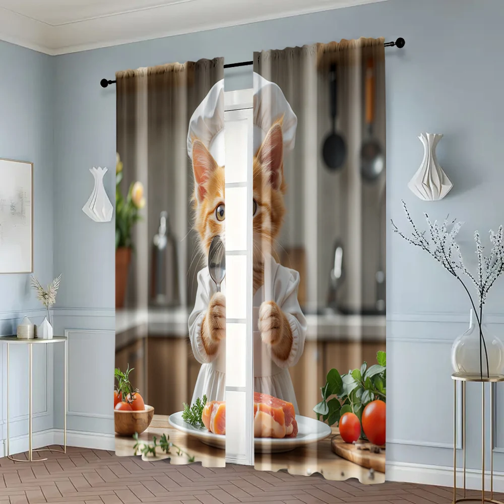 2pcs, Curtains Digital Printed Cat Chef Theme Durable Polyester (without rod) Decorations Outdoor Ldeal for Bedroom, Living 6