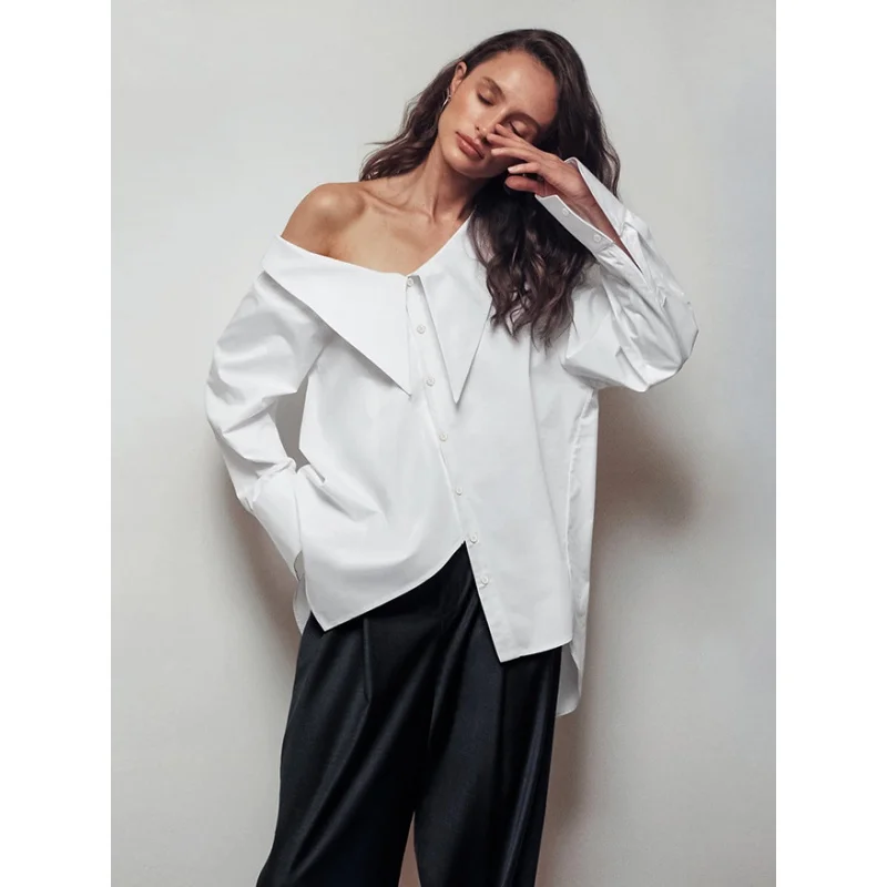 

White Irregular Collar Sexy off-Shoulder Women's Shirt 2024 New Spring Fashion Tops Women's Yy18