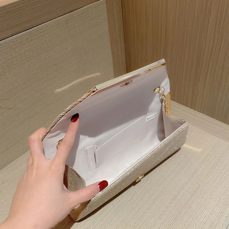 Pochette da donna glterata borsa da sera di lusso borsa a busta per feste lucida in oro borsa a tracolla lunga a catena femminile portafoglio piegato XA824H