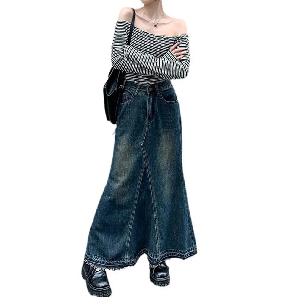 

Breathable Skirt Retro Denim Maxi Skirt with A-line Silhouette High Waist Ripped Edge Women's Ankle Length Solid Color Patchwork