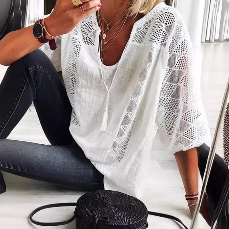 Women's Hollow Out V-Neck Short Sleeve Cotton White Shirt Loose Stitching Lace Blouse Casual Tops Summer Fashion 2025 24294