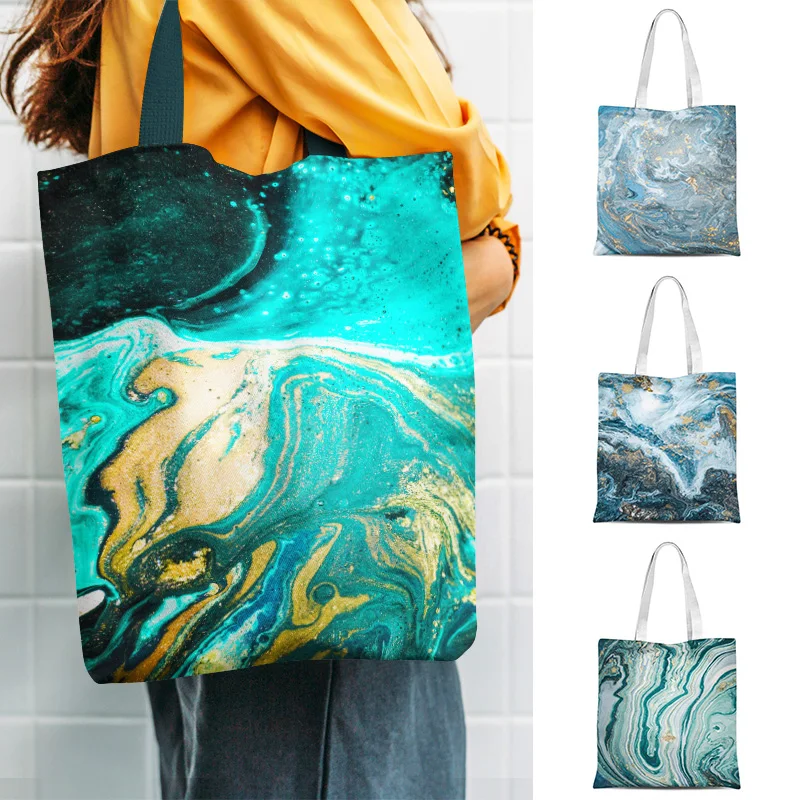 Gold stripe texture Double sided Print Shoulder Bag Canvas Girls Handbags Large Capacity Travel Storage Bag Ladies Shopping Bag