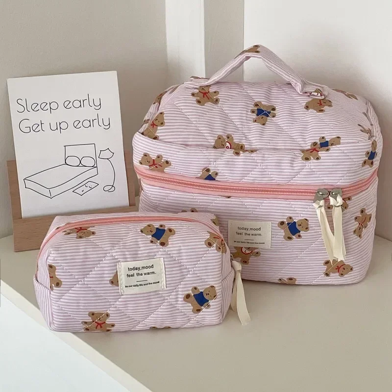 Cute Bear Flower Quilting Cotton Makeup Bag Women Zipper Cosmetic Organizer Female Cloth Handbag Toiletry Case for Girls 5