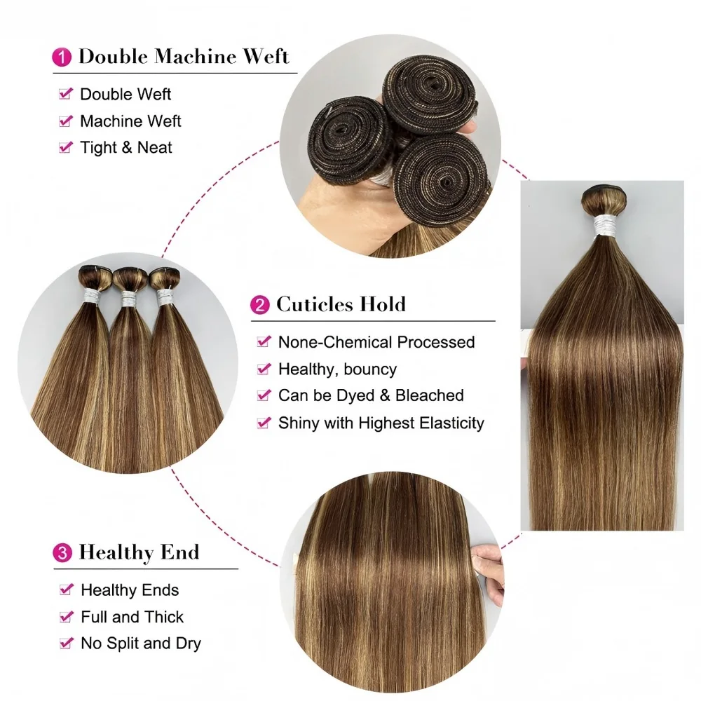 14A 100% Human Hair Bundles Highlight Straight 30 Inch Colored Human Hair Weave Bundles Extensions P4/27 1psc/≥95g For Women 5