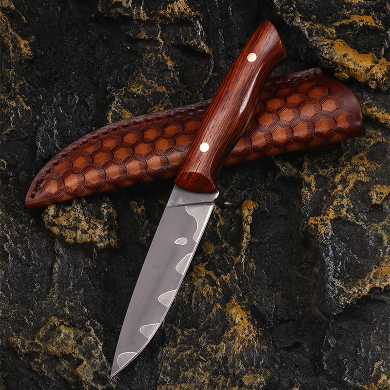 4.5 Inch Hunting Knife With Holster 3 Layers Clad Steel Blade Paring