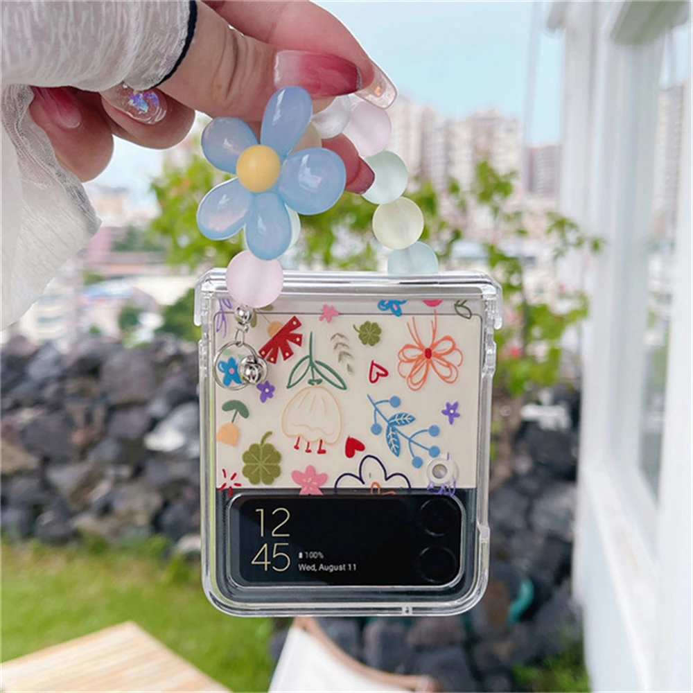 Cute Colorful Floral Clear Phone Case with 3D Flower Bead Chain