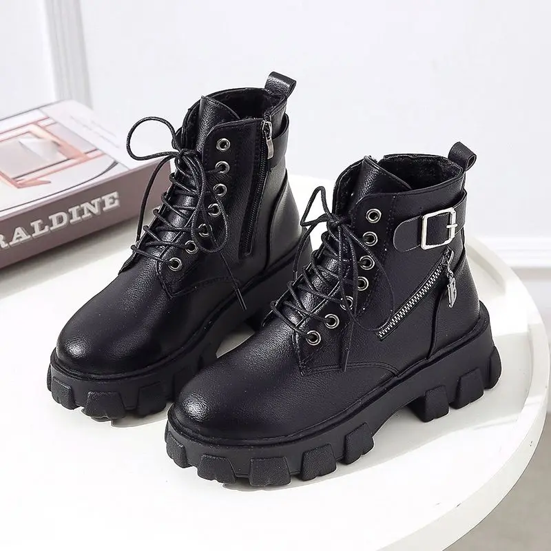 Short Shoes For Woman Combat Women's Ankle Boots Biker Black