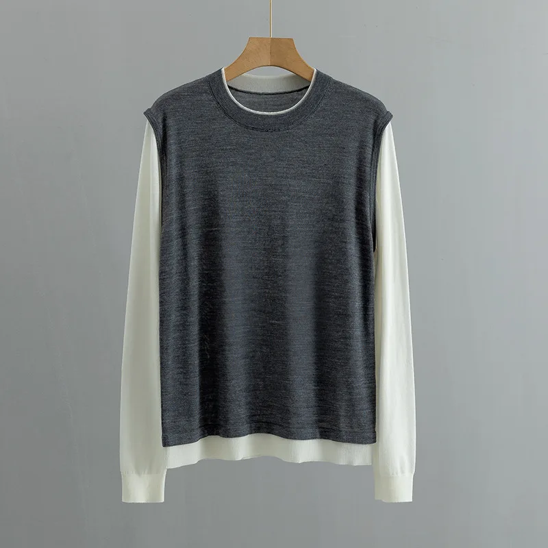 

2023 New Round Neck Fake Two-piece Design Pullover Wool Knit Top Women