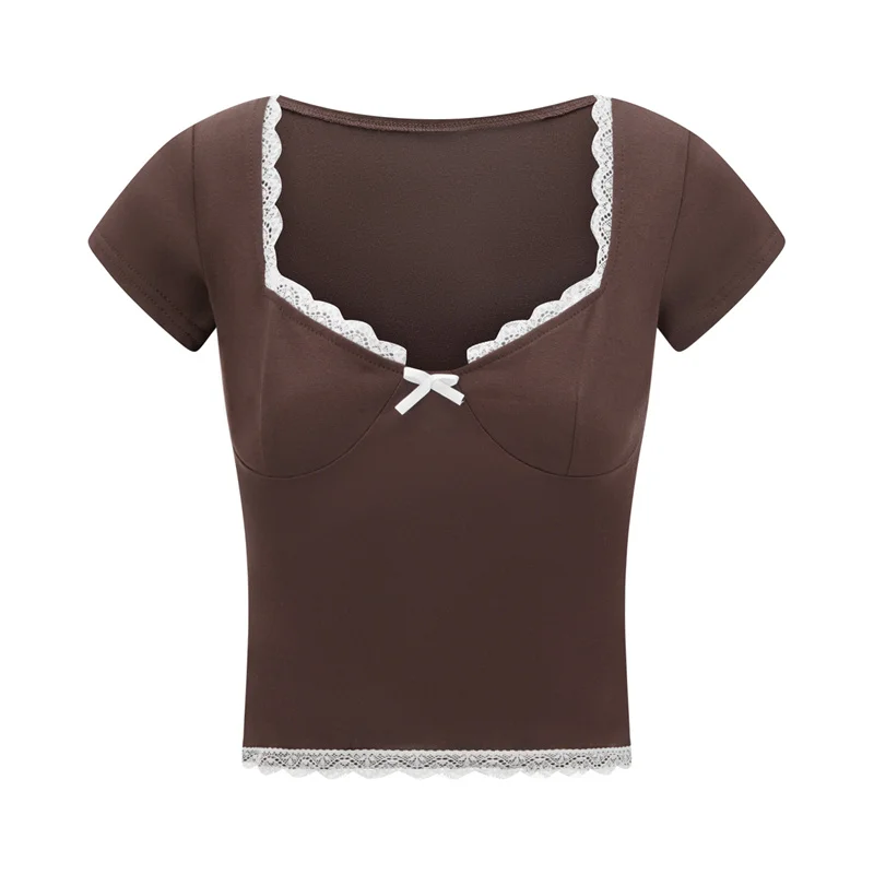 y2k Lace Trim Crop Top Women Sweetheart Neck Short Sleeve T Shirt with Bow Coquette Aesthetic Clothes 2000s Streetwear