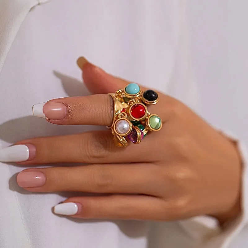 Vintage Natural Stone Beads Tassels Pendant Open Ring for Women Luxury Gold Color Rings Wedding Party Boho Jewelry