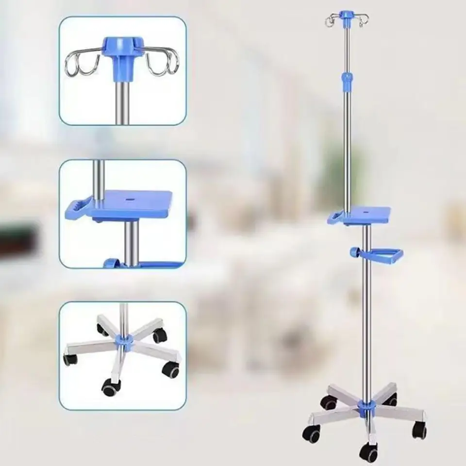 American Hospital Supply Portable IV Pole - Height Adjustable, 2 Hooks, Wheels For Home Or Clinic Use