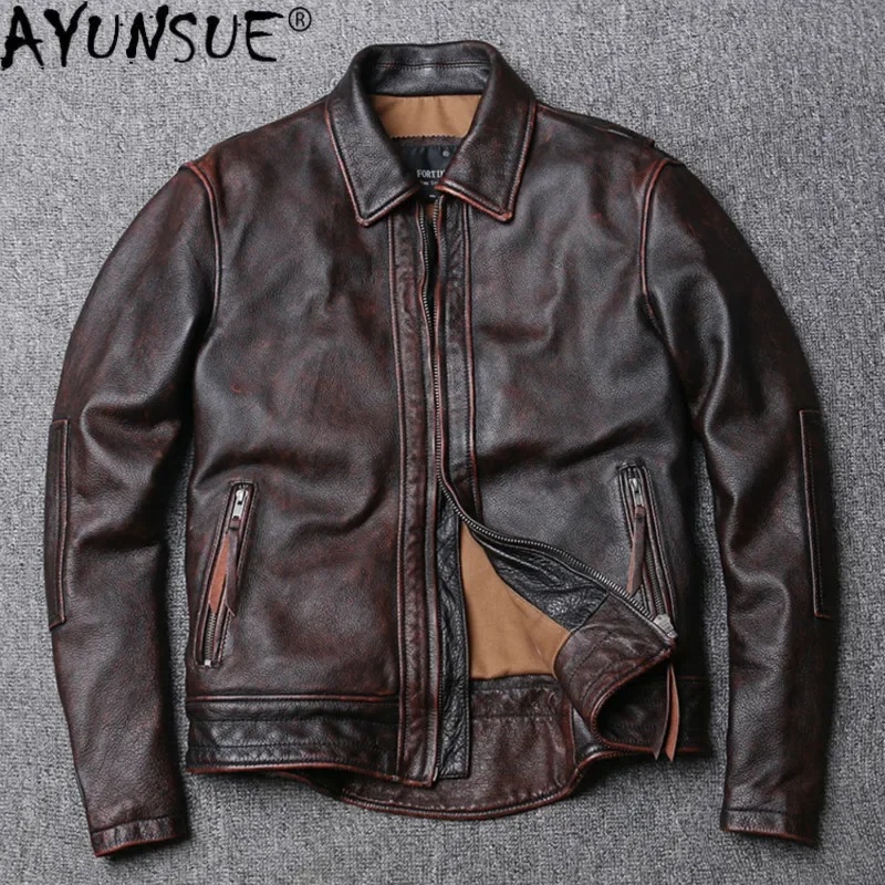 

AYUNSUE Leather Jacket Men Vintage Cowhide Genuine Leather Coat Motorcycle 100% real Cow Jacket Slim Fit clothes 2020 KJ4707