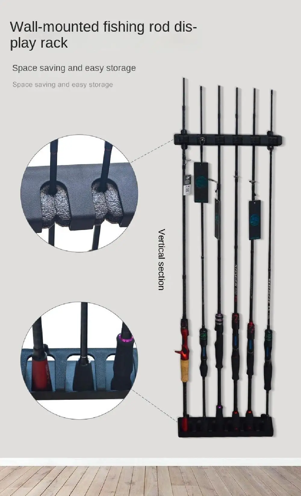 Description Picture 2 of item6 Hole Fishing Rod Holders Wall Mount Universal Fishing Rod Display Stand Save Space Vertical/Horizontal
