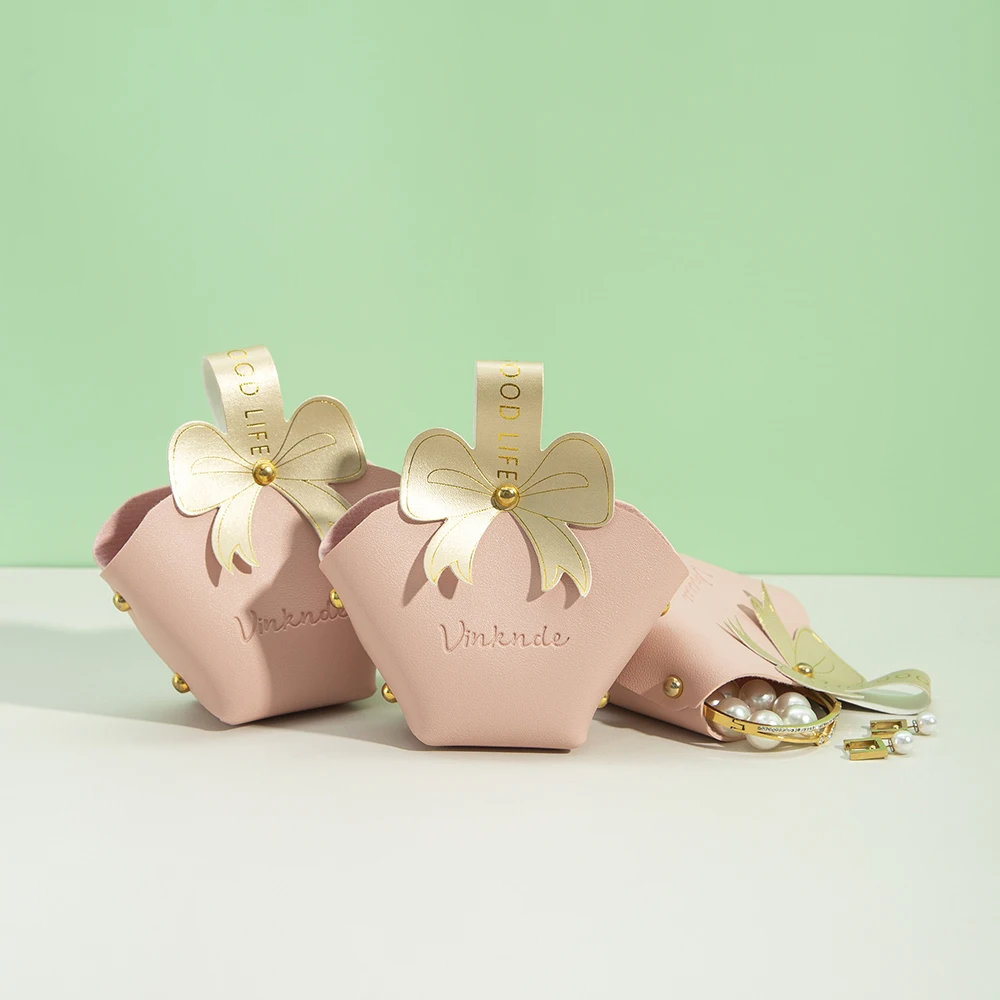 Jewelry Handbag Wedding Favors PU Leather Gift Bag for Guests Portable Candy Packaging Mini Box With Bowknot Basket Party Supply