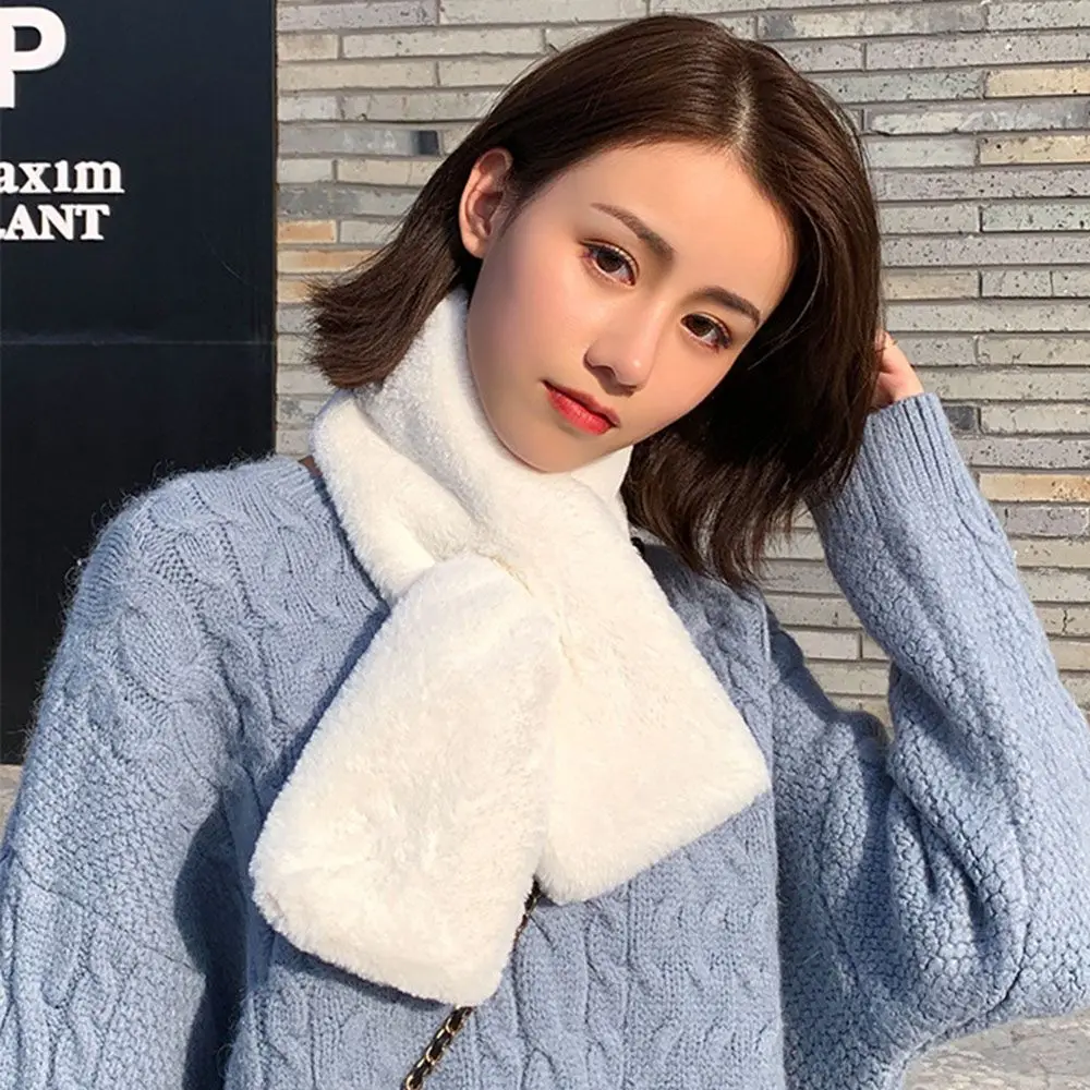 Women Winter Warm Thicken Cross Collar Scarf  Solid Color Faux Rabbit Fur Plush Elegant Shawl Scarfs 3