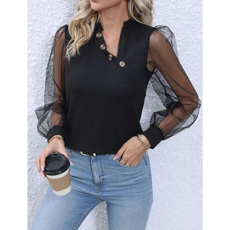 

Autumn New Chic Trendy Shirt Women Vintage Elegant Solid Color Long Lantern Sleeve Gauze Button Irregular V Neck Patchwork Top