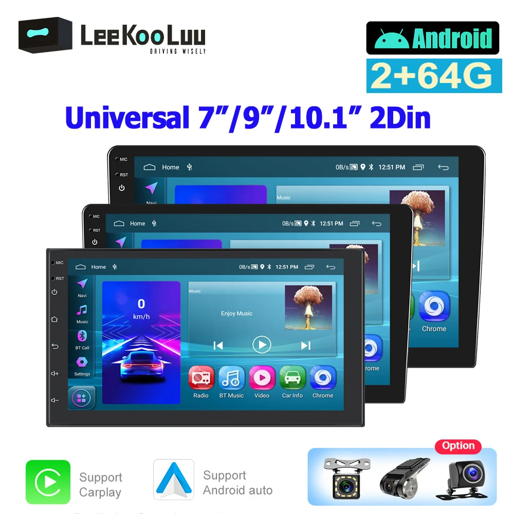 Leekooluu 2 Din Android Autoradio Stereo Navigazione Gps 2 + 64G Autoradio 2Din Lettore Multimediale Wifi Carplay Per Vw Nissan Toyota
