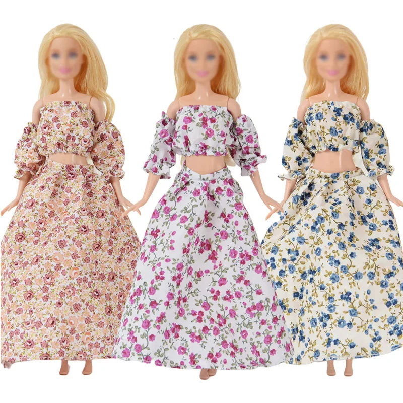 

3 Sets Pack Fashion Handmade Doll Dress Party Wear Flower Printed Clothes for 30CM Dolls Accessories Kids Toy Miniature Items