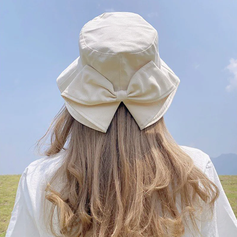 Damen-Eimerhüte, Schleife, modisch, niedlich, süß, Kawaii, Sommerurlaub, Reisen, große Krempe, Sonnenschutz, Sonnenschutzhüte für Mädchen – Detail 5