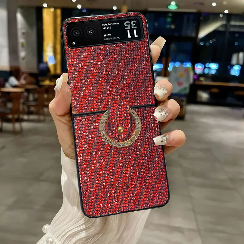 Luxury Bling Lattice Pattern Rhinestone Ring Grip Phone Case - Fashion Glitter Shell
