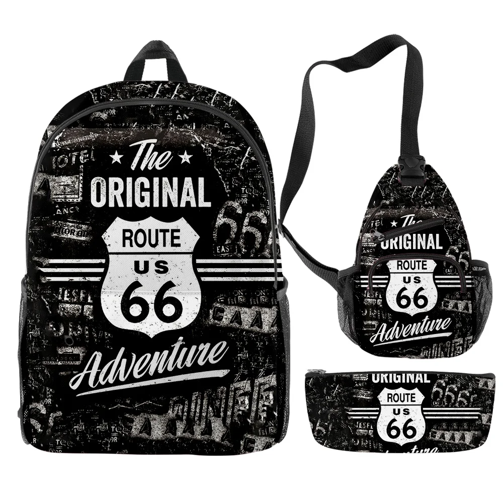 Popular Fashion Funny route 66 3D Print 3pcs/Set pupil School Bags Trendy Travel Laptop Backpack Chest Bag Pencil Case