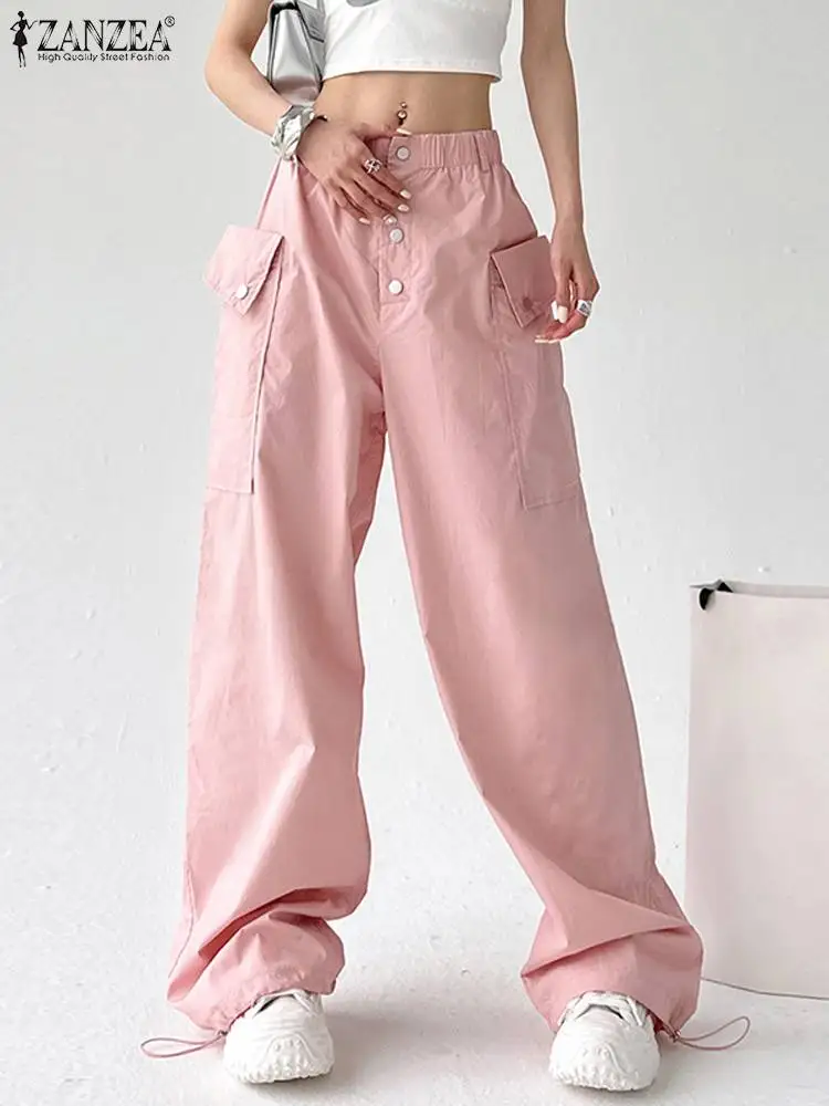 

ZANZEA Pants 2024 Autumn Women Cargo Long Pants Fashion High Elastic Waist With Pockets Casual Loose Wide Leg Trousers Oversized