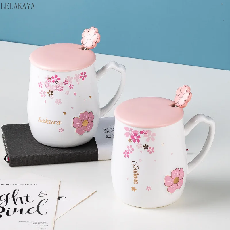  Novelty Pink Sakura High Boron Glass Cup with Ceramic Lid  Stainless Steel Spoon Drinking Cup 500ml/17oz Clear Measuring Scale Coffee  Mug with Handle Cute Cherry Blossom Water Cups for Milk Juice