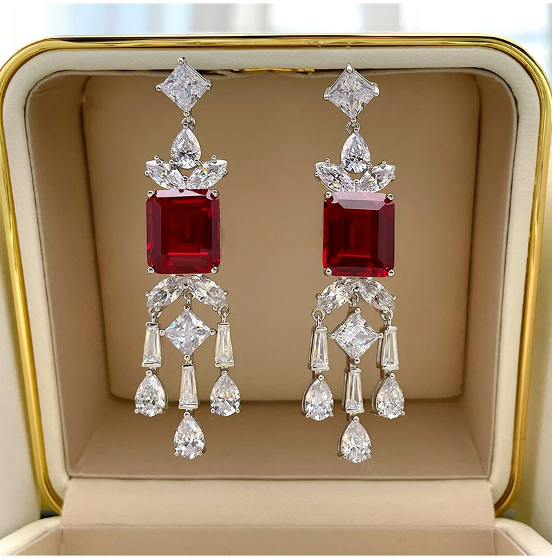 

Pigeon Blood Red Treasure Earrings European and American Earrings Fashion Earrings Pure Silver Colorless Wedding Jewelry