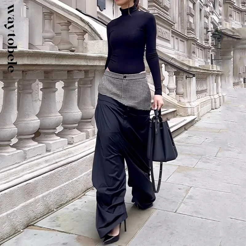 

Waytobele Women Two Piece Set Autumn Fashion Solid Turtleneck Long Sleeve Slim Top Loose Splicing Loose Pants Sets Streetwear